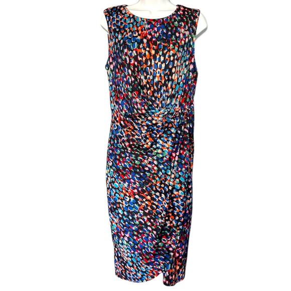 Donna Ricco Twisted Asymmetrical-Hem Printed Sheath Dress Women's 8 Navy Multi - Picture 2 of 7